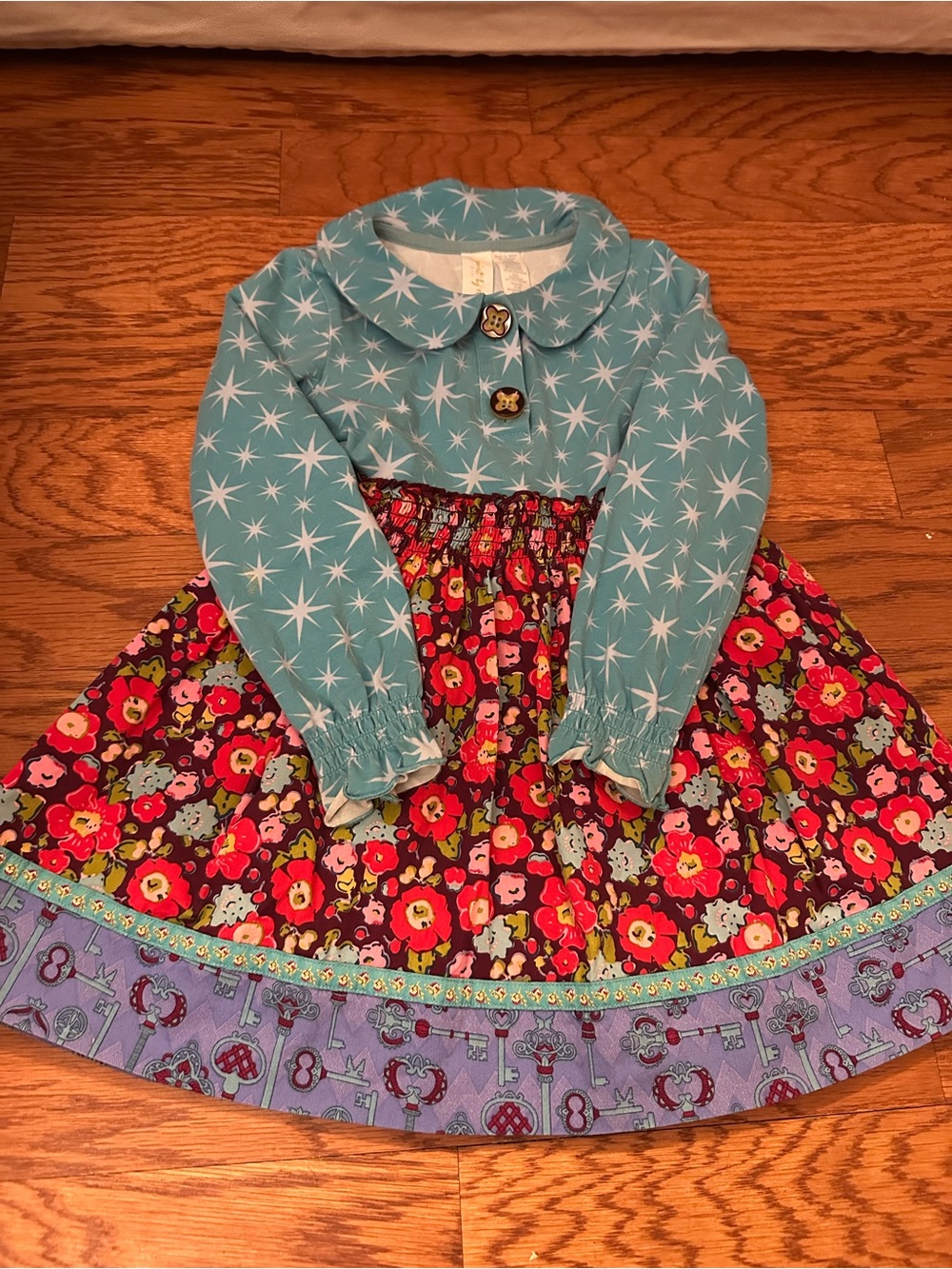 Turquoise Star-Print Top with Red Floral Skirt Girls' Dress